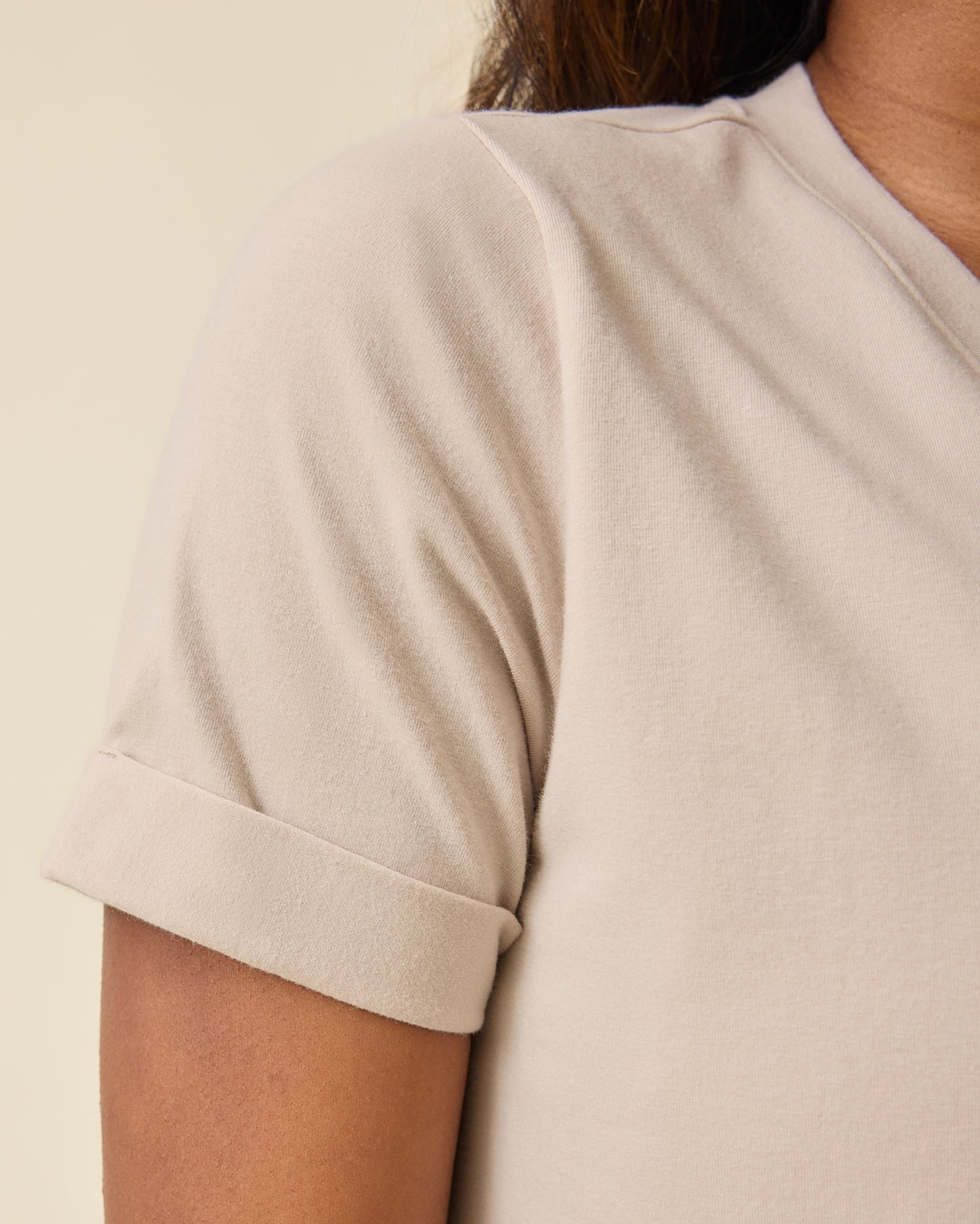 Closeup of sleeve on the Classic Nursing T-shirt Mini Dress in Sand