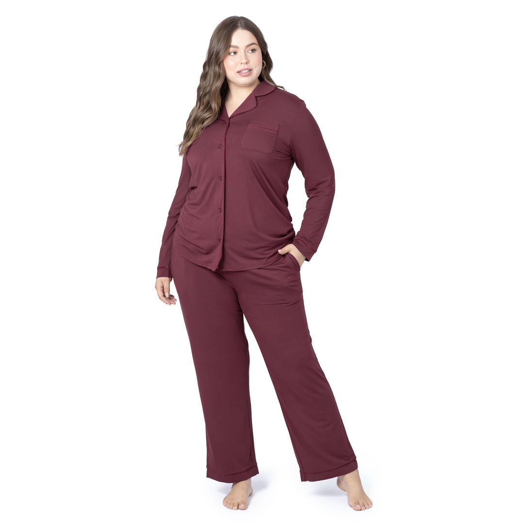 Model standing up while wearing the Clea Bamboo Long Sleeve Pajama Set in Fig
