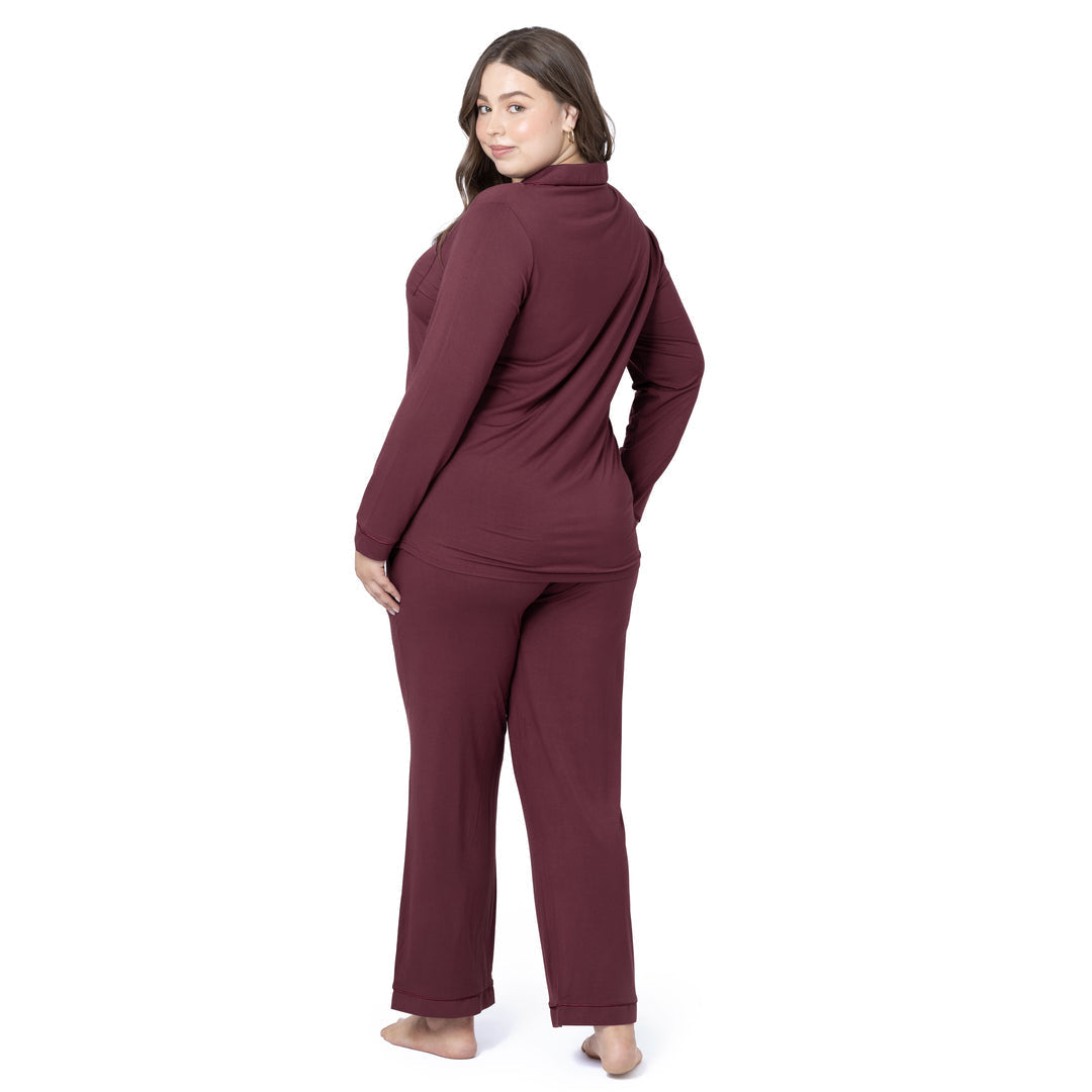 Back of a model wearing the Clea Bamboo Long Sleeve Pajama Set in Fig