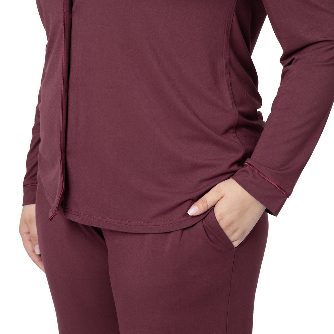 Closeup of the pocket on the Clea Bamboo Long Sleeve Pajama Set in Fig