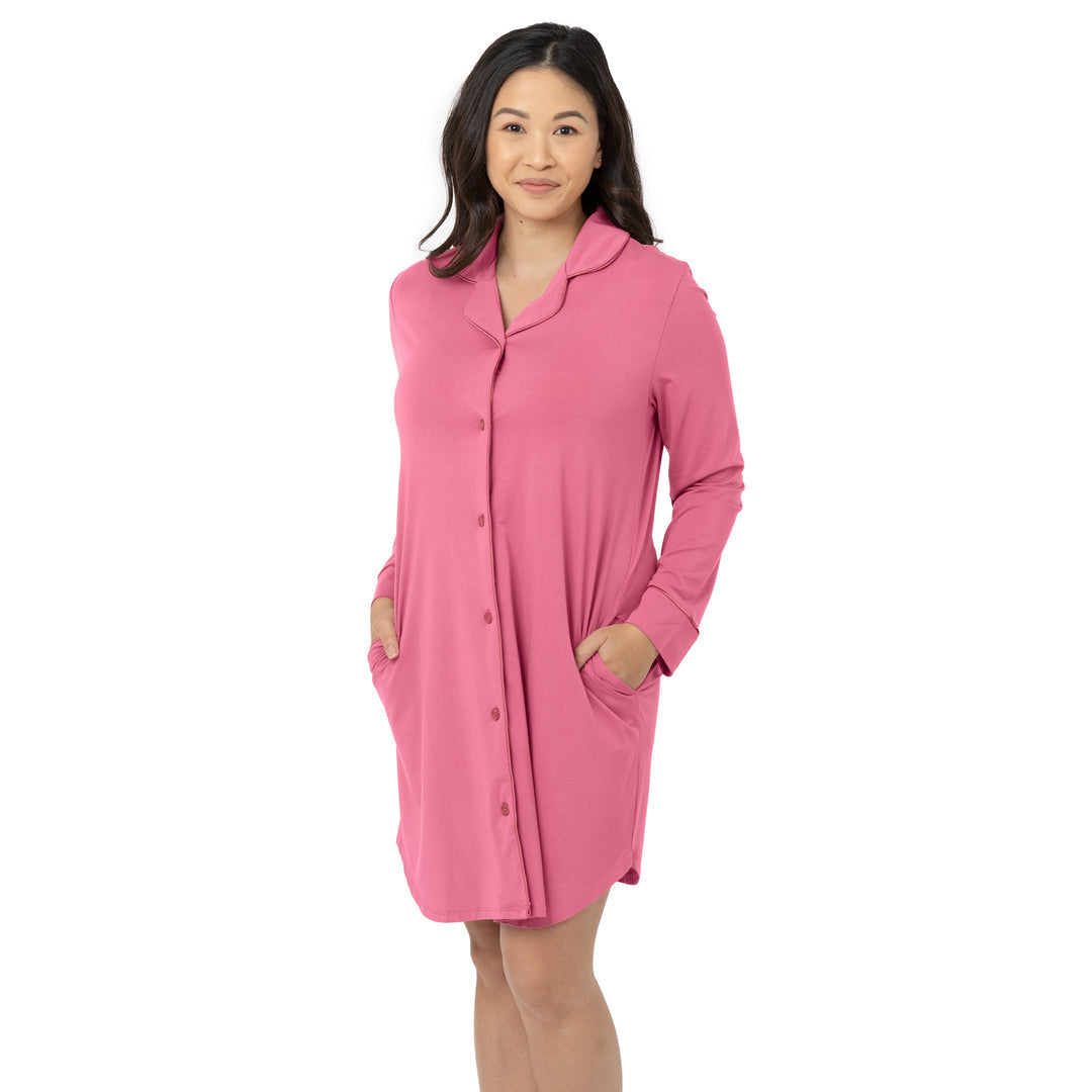Model looking at the camera while wearing the Clea Bamboo Long Sleeve Sleep Shirt in Peony.