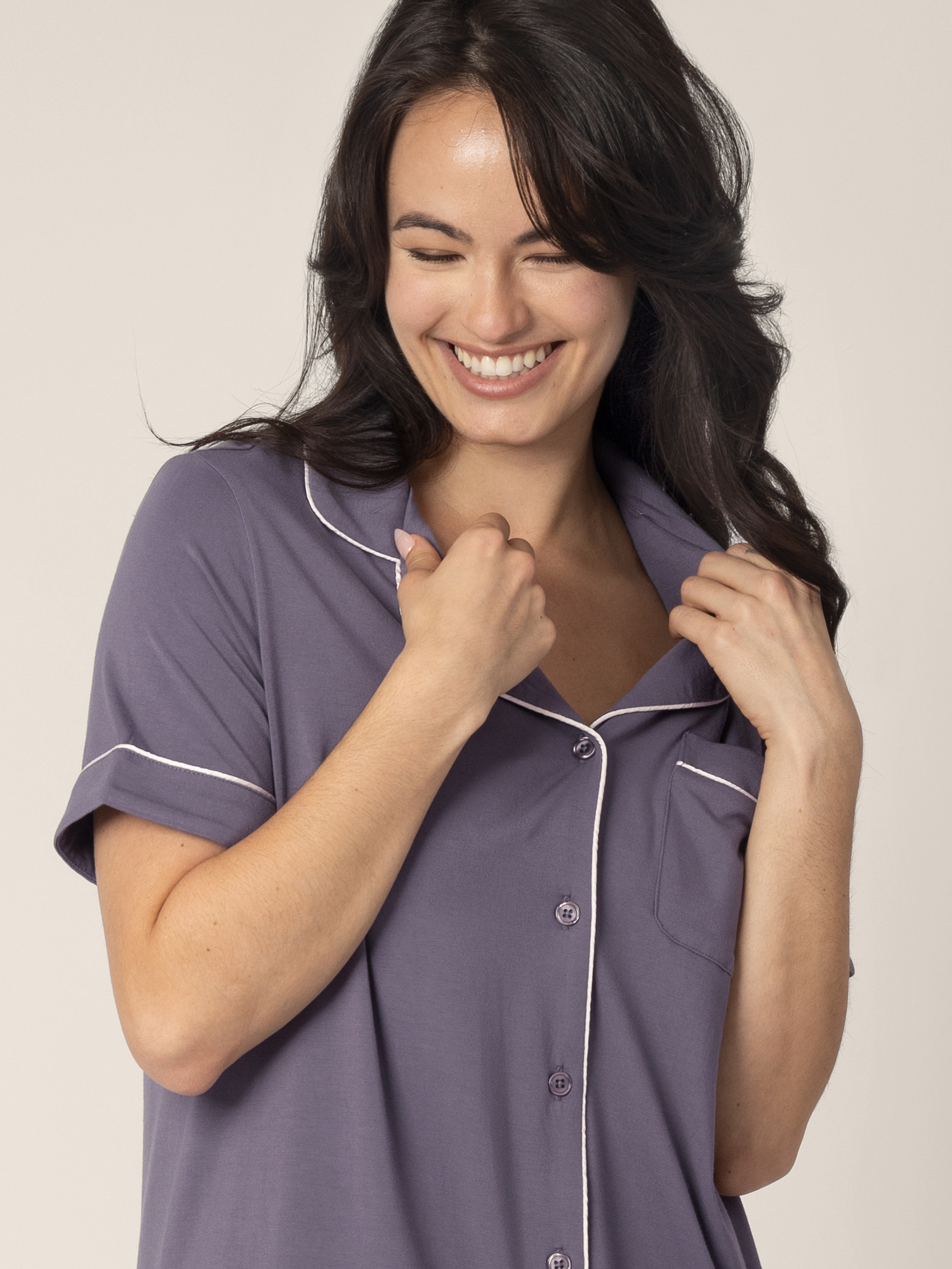 Collar close up of model wearing the Clea Bamboo Short Sleeve Pajama Set in Granite.