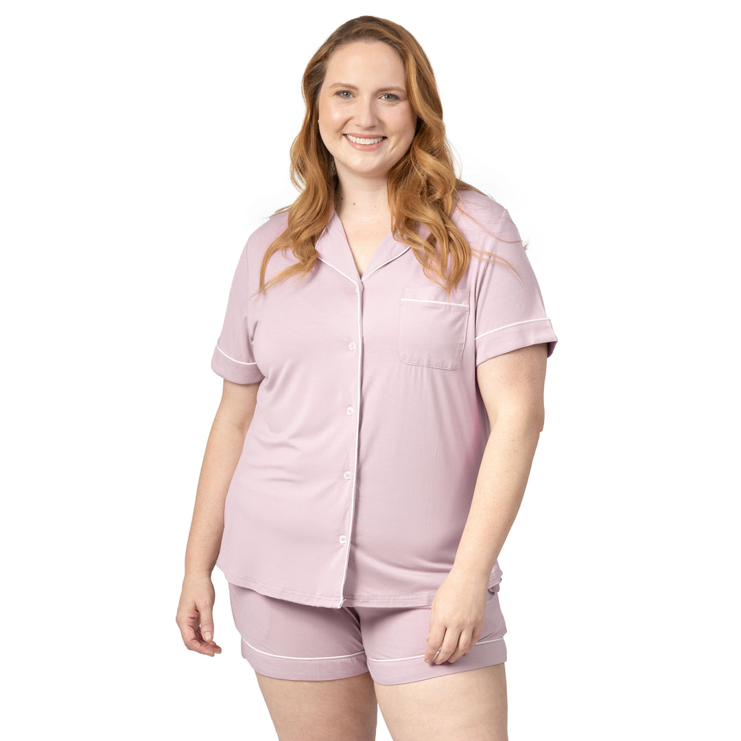 Front view of model wearing the Clea Bamboo Classic Short Sleeve Pajama Set in Lilac