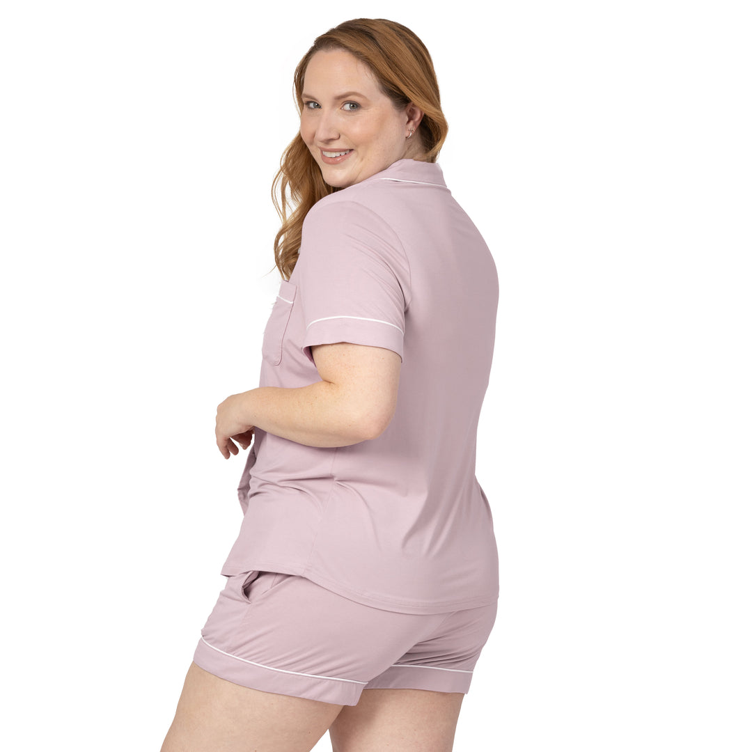 Back view of model wearing the Clea Bamboo Classic Short Sleeve Pajama Set in Lilac