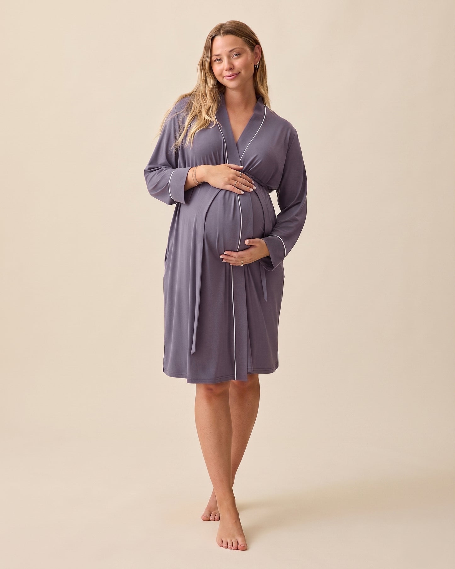 Model is wearing Clea Bamboo Robe in Granite on a beige background