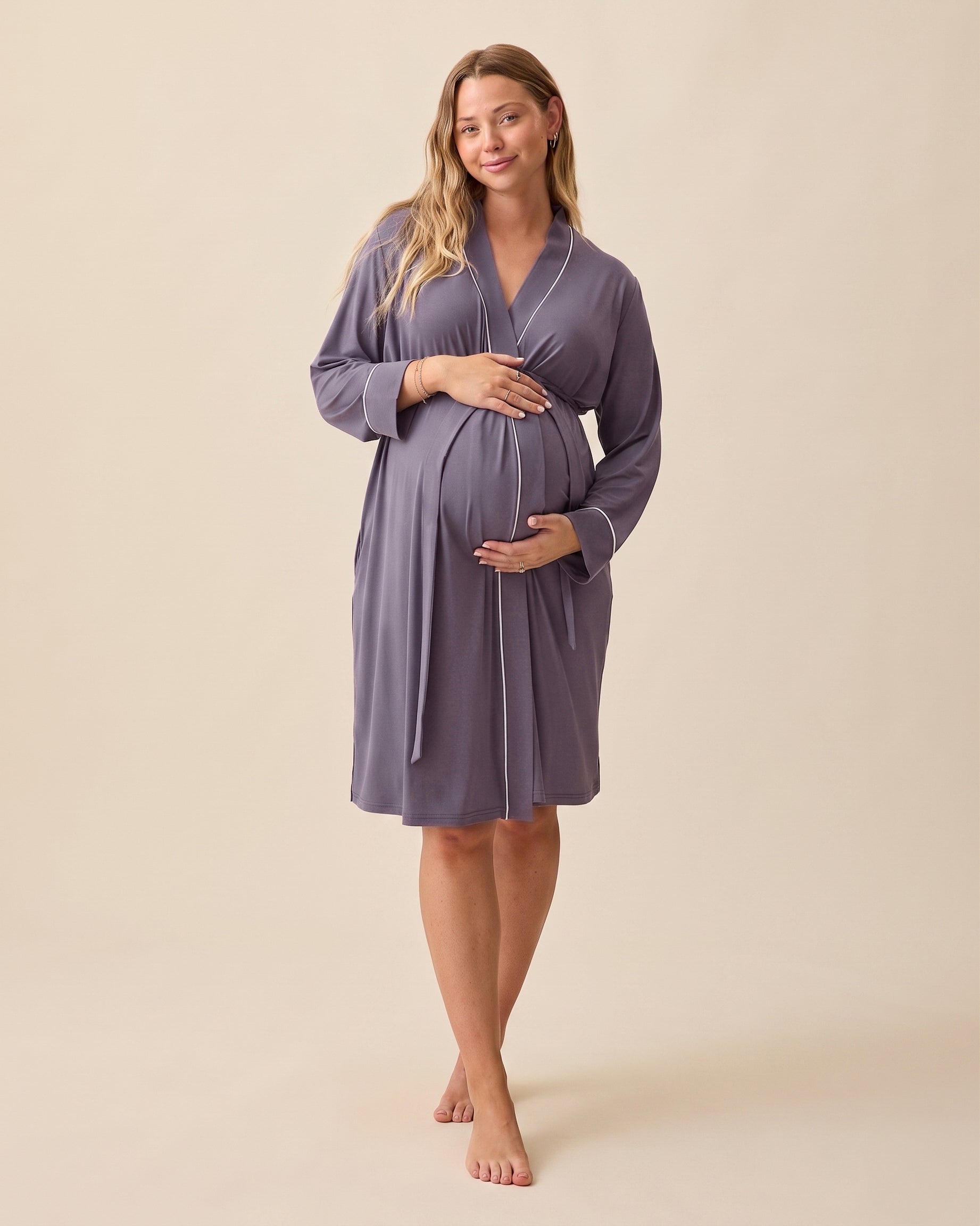 Model is wearing Clea Bamboo Robe in Granite on a beige background