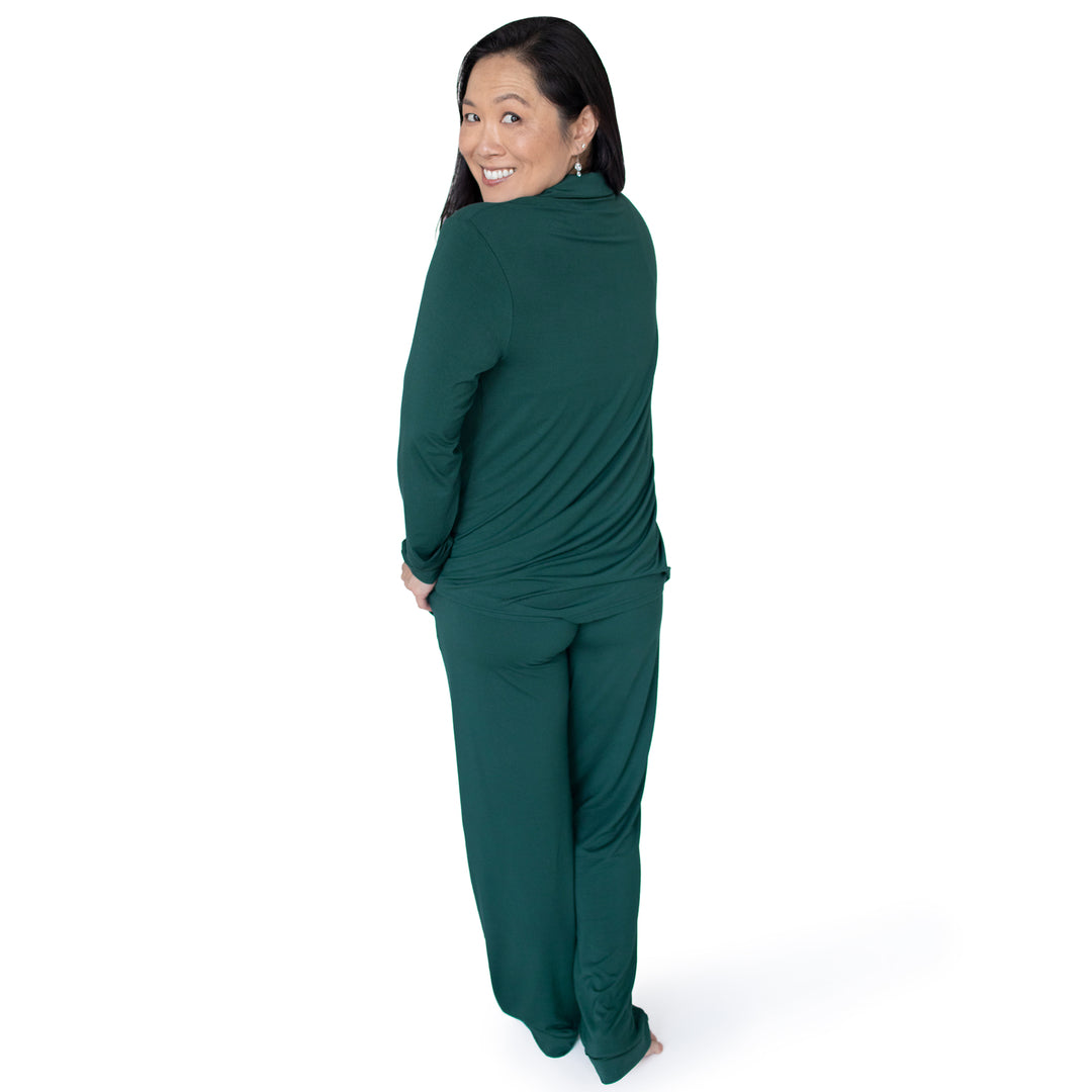 Back of a model wearing the Clea Bamboo Long Sleeve Pajama Set in Evergreen