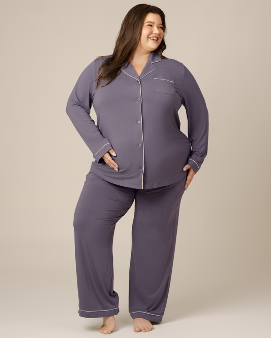 Front view of model wearing the Clea Bamboo Long Sleeve Pajama Set in Granite @model_info:Sam is 5'8" and wearing a 2X.