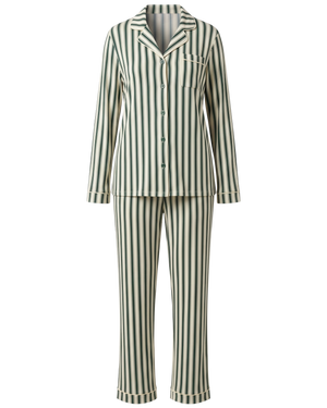 Clea Bamboo Long Sleeve Pajama Set in Green Candy Stripe on a white background.