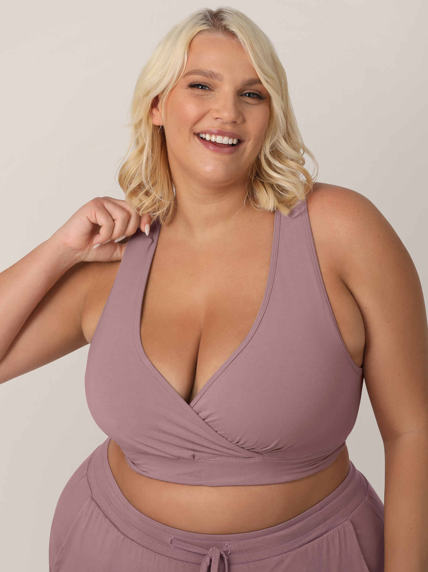 Busty Model wearing the French Terry Nursing Bra in Twilight.