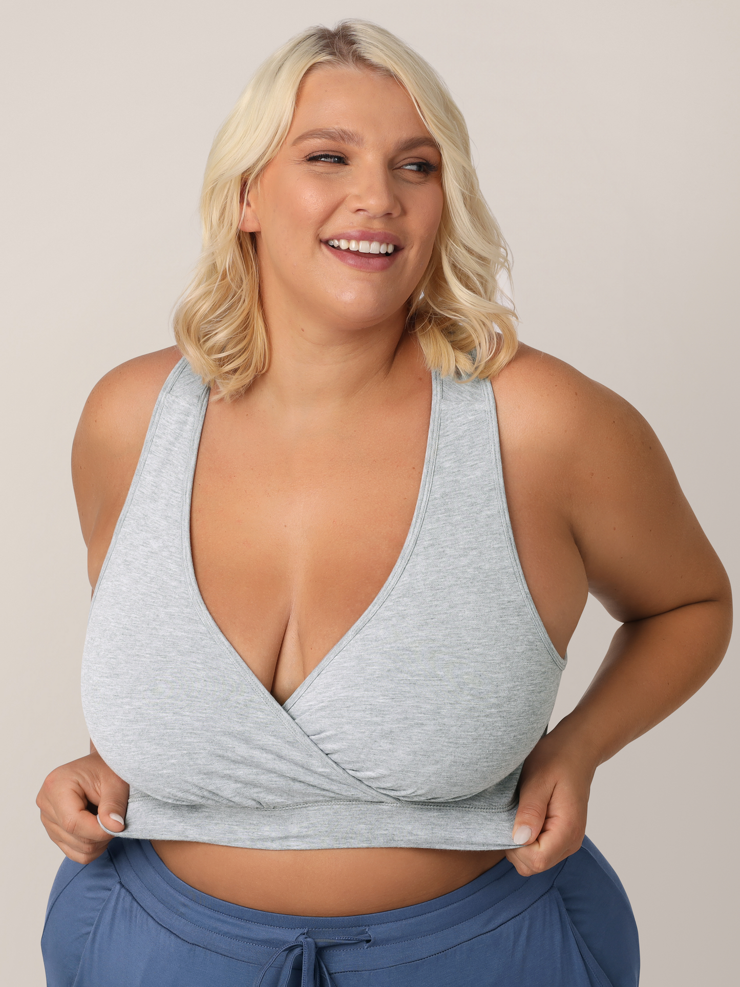Zoomed in view of model wearing the French Terry Racerback Nursing & Sleep Bra. 