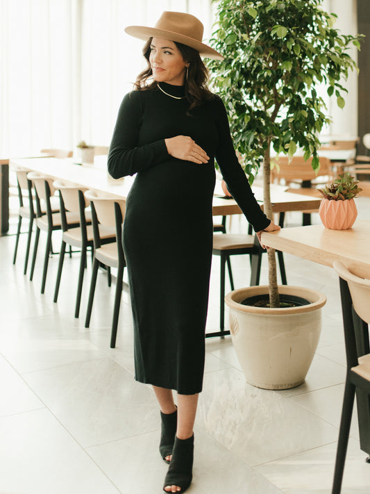 Jackie Knit Maternity Mock Neck Midi Dress | Black-Bottoms & Dresses-Kindred Bravely
