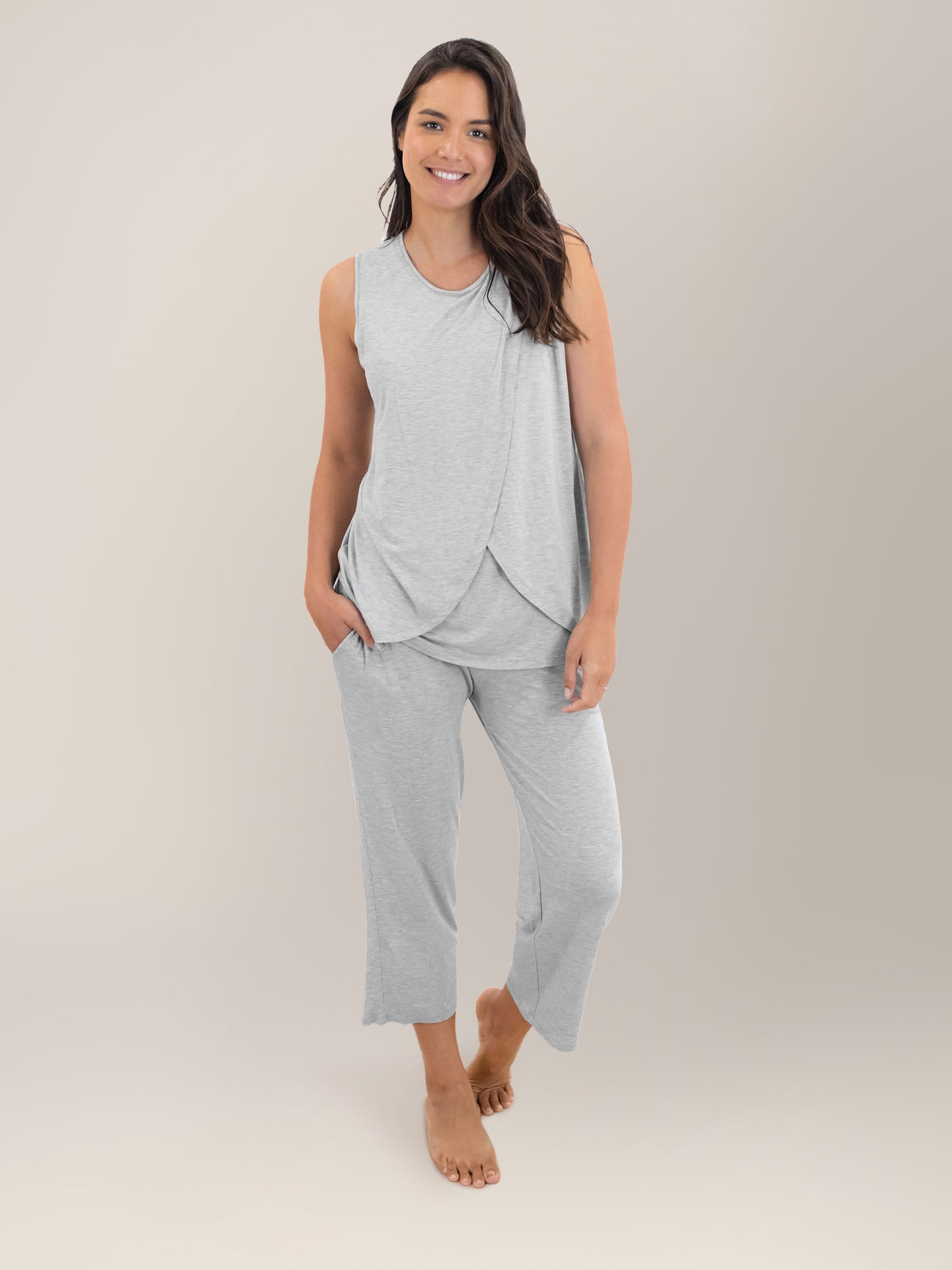 Full body front view of model wearing the Tulip Hem Nursing Tank & Capri Pajama Set in Grey Heather.
