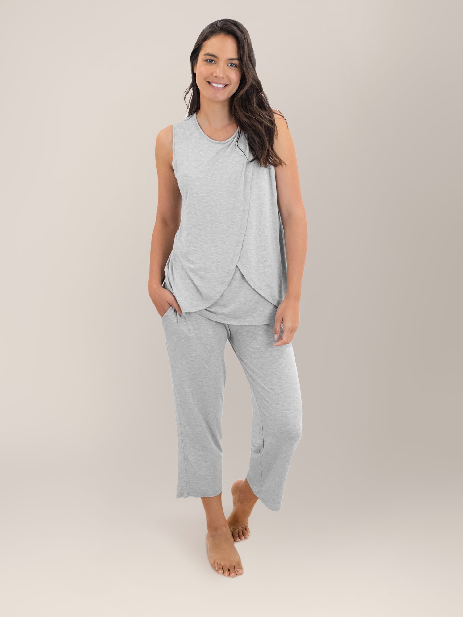 Full body front view of model wearing the Tulip Hem Nursing Tank & Capri Pajama Set in Grey Heather.