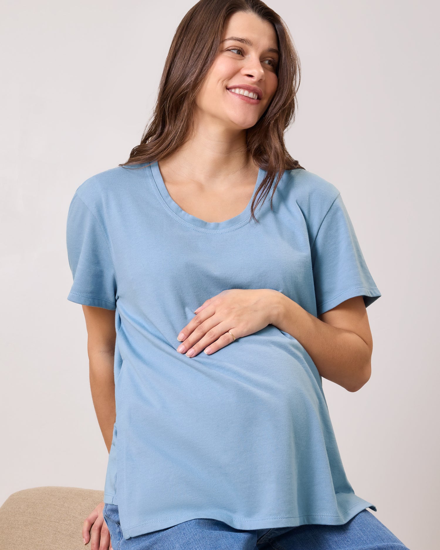 Front view of model wearing Relaxed Cotton Maternity & Nursing T-shirt in Vintage Blue on a neutral background@model_info:Elliana is wearing a Medium.