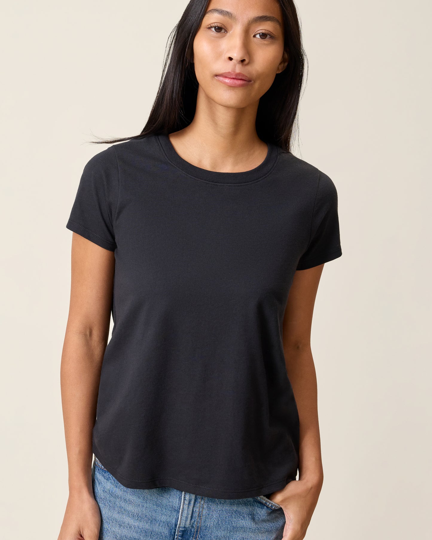 Front view of model wearing Slim Fit Cotton Nursing T-shirt in Black on a neutral background@model_info:Charissa is wearing a Small.