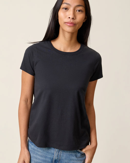 Front view of model wearing Slim Fit Cotton Nursing T-shirt in Black on a neutral background@model_info:Charissa is wearing a Small.