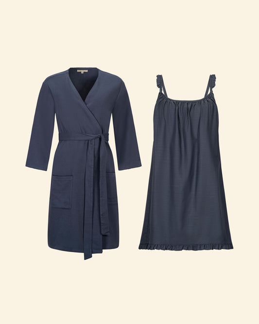 Cotton Sleep Set in Vintage Blue Stripe on a beige background, including Cotton Bamboo Robe in Midnight Blue and Dreamy Cotton Maternity & Nursing Nightgown in Midnight Blue