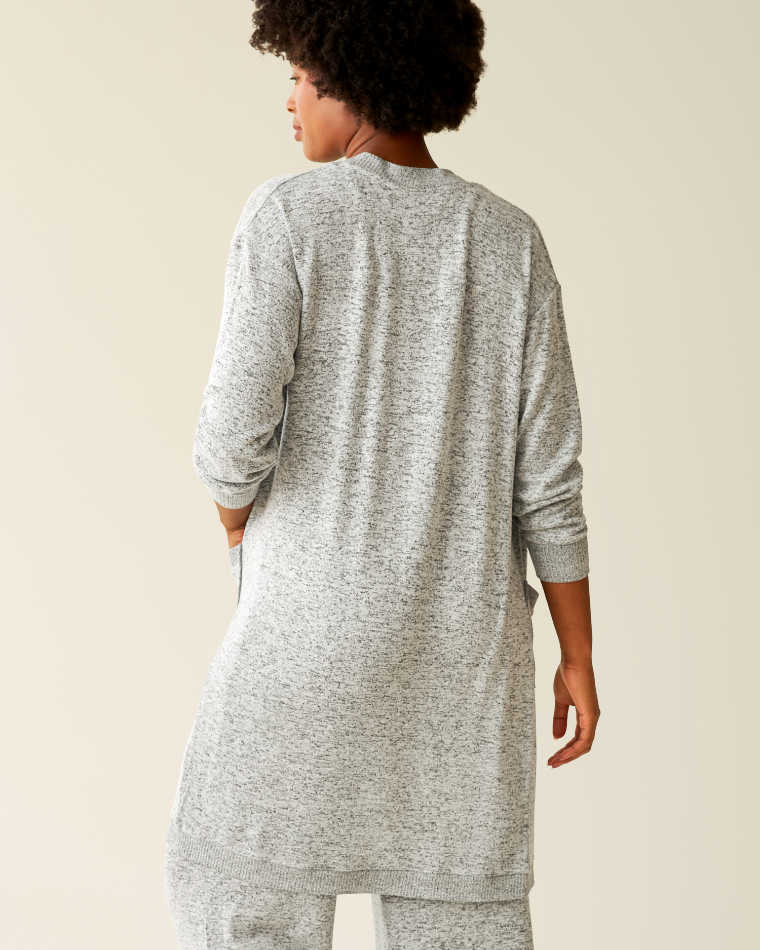 Back view of model wearing CozyKnit Long Cardigan in Grey Heather