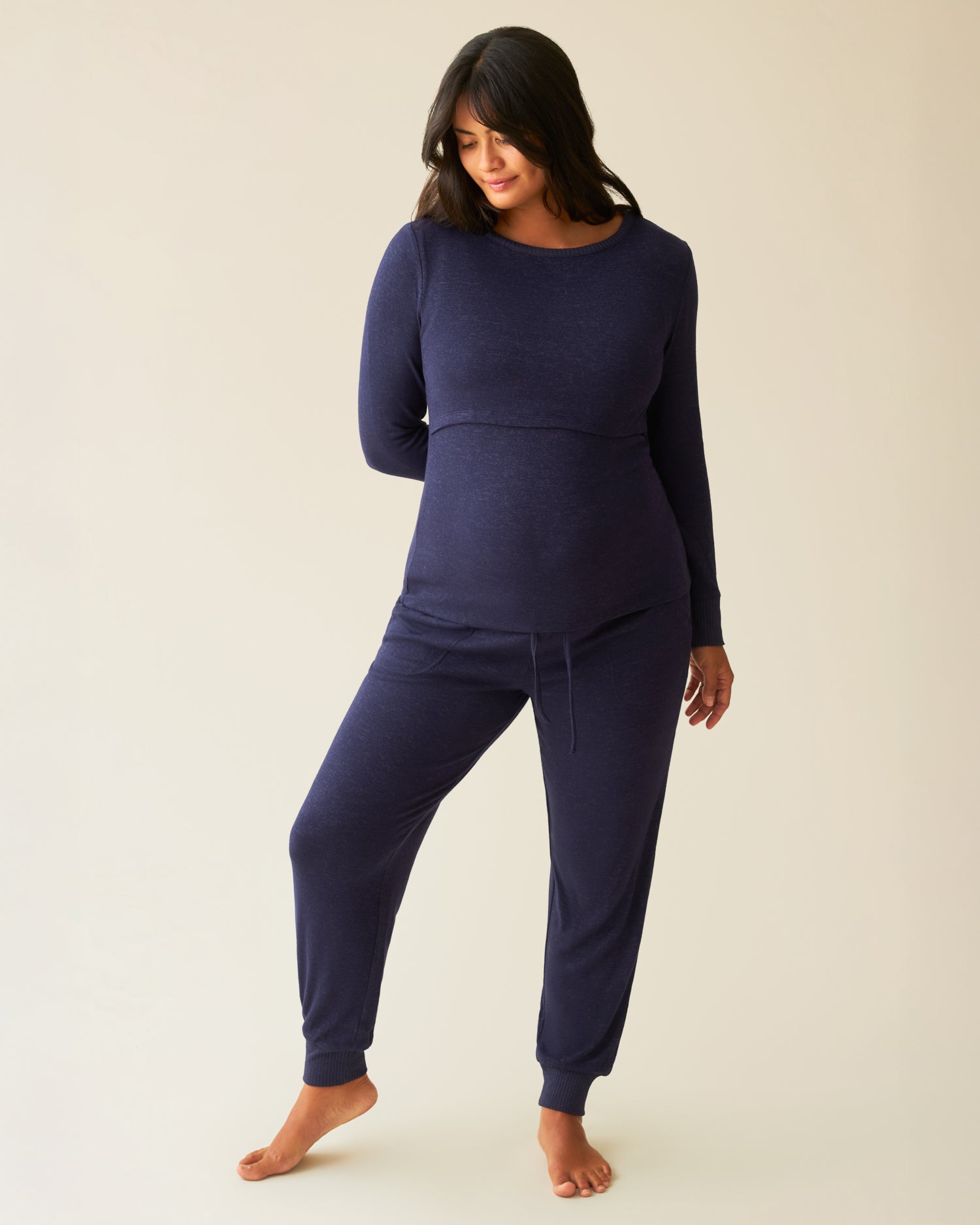 Front view of model wearing CozyKnit Nursing Pajama & Lounge Set in Navy @model_info:Zoe is wearing a Medium.