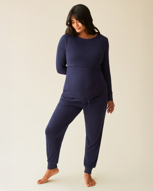 Front view of model wearing CozyKnit Nursing Pajama & Lounge Set in Navy @model_info:Zoe is wearing a Medium.