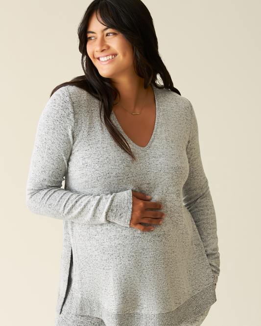 Front view of pregnant model wearing CozyKnit Maternity & Nursing V-neck Top in Heathered Grey with matching pants@model_info:Zoe is wearing a Medium.