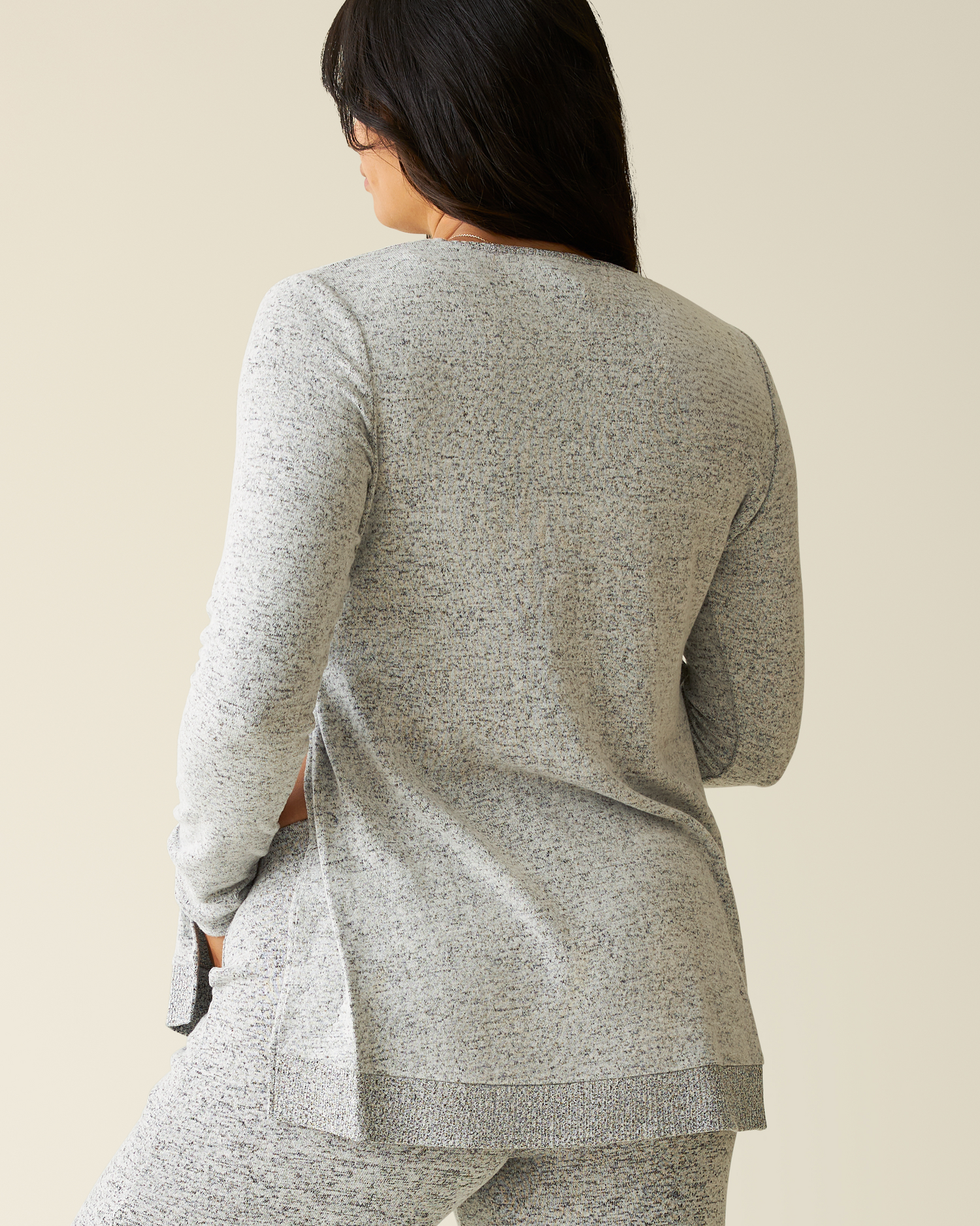 Back view of pregnant model wearing CozyKnit Maternity & Nursing V-neck Top in Heathered Grey with matching pants