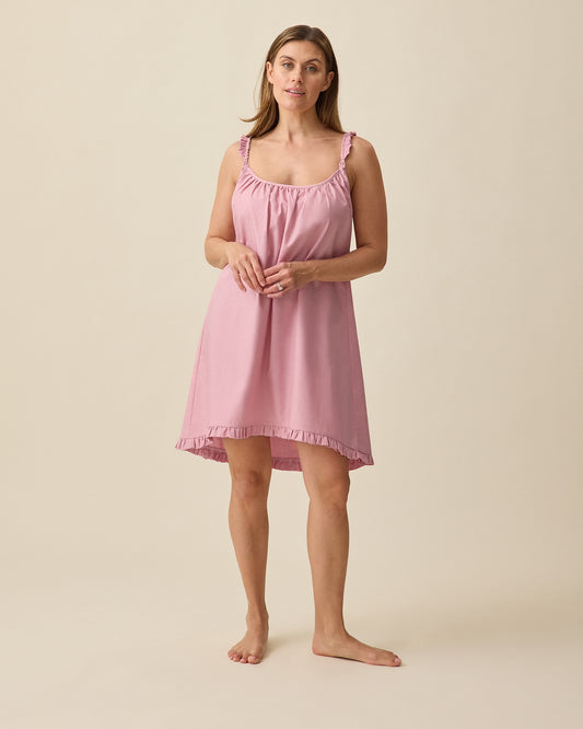 Model wearing Dreamy Cotton Maternity & Nursing Nightgown in Light Mauve on a beige background @model_info:Brittany is 5'7" and wearing a Medium.