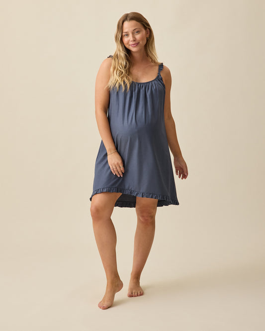 Dreamy Cotton Maternity & Nursing Nightgown in Midnight Blue on a beige background @model_info:Saige is 5'7" and wearing a Medium.
