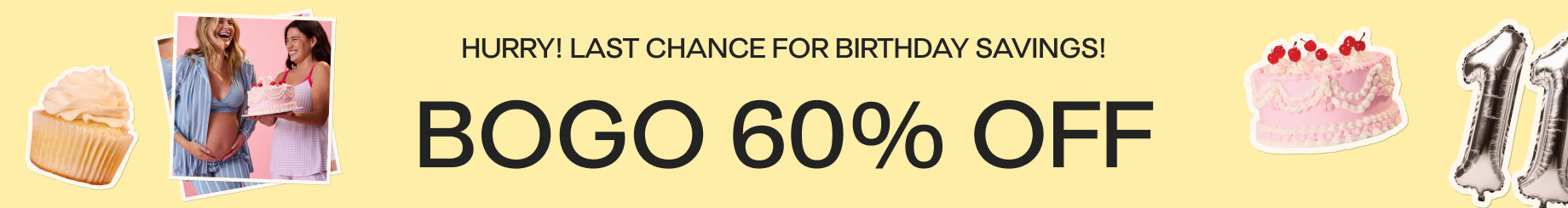 Promotional banner with birthday-themed graphics and text about a 60% off offer.