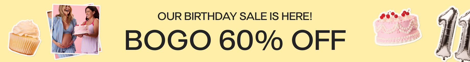 Promotional banner for a birthday sale with text and graphics.