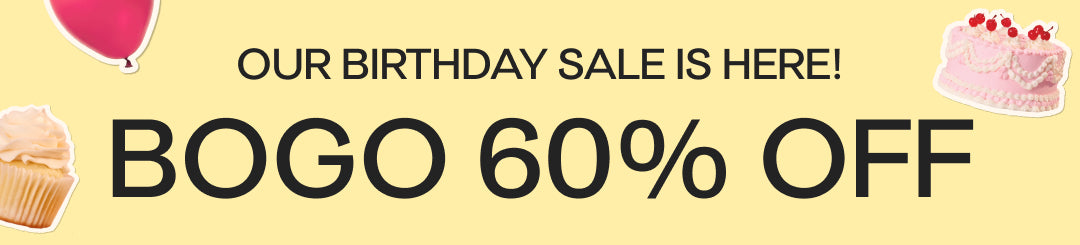 Promotional banner for a birthday sale with BOGO 60% off offer on a yellow background.