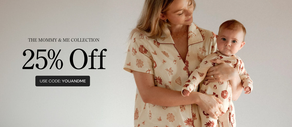 A promotional graphic for 'The Mommy & Me Collection' showing a woman holding a baby, both wearing matching Cozy Day pattern pajamas. Large text at the top reads '25% Off' with the code 'YOUANDME'.