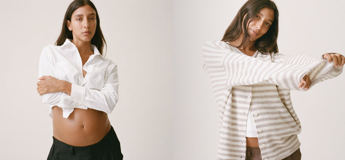 Image split in half to show to Pregnant woman wearing the white Poplin Maternity & Nursing Button Up Shirt with button buttons undone, with black pants. And another image of model wearing Ultra Soft Maternity & Postpartum Cardigan in Tan & White Stripe, Maternity & Postpartum Wide Leg Trouser in Brown and a nursing white tank, on a beige background.