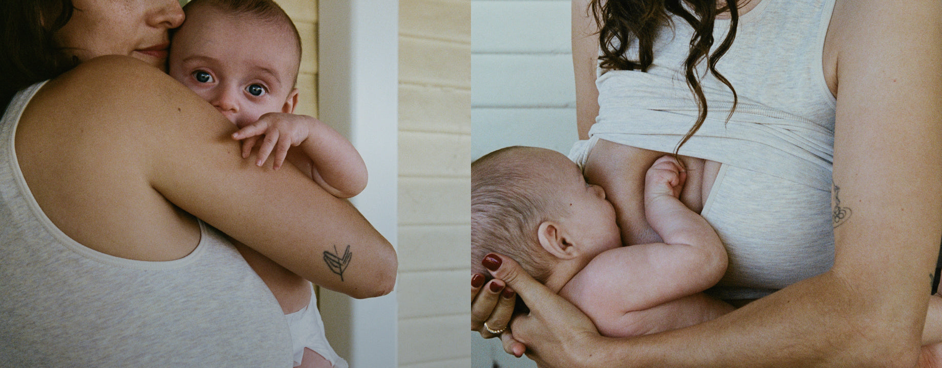 Two images next to each other, one of mother holding baby while peeking over shoulder, other image of mother breastfeeding baby while wearing Sublime® Bamboo Hands-Free Pumping Longline Bra Top in Oatmeal Heather
