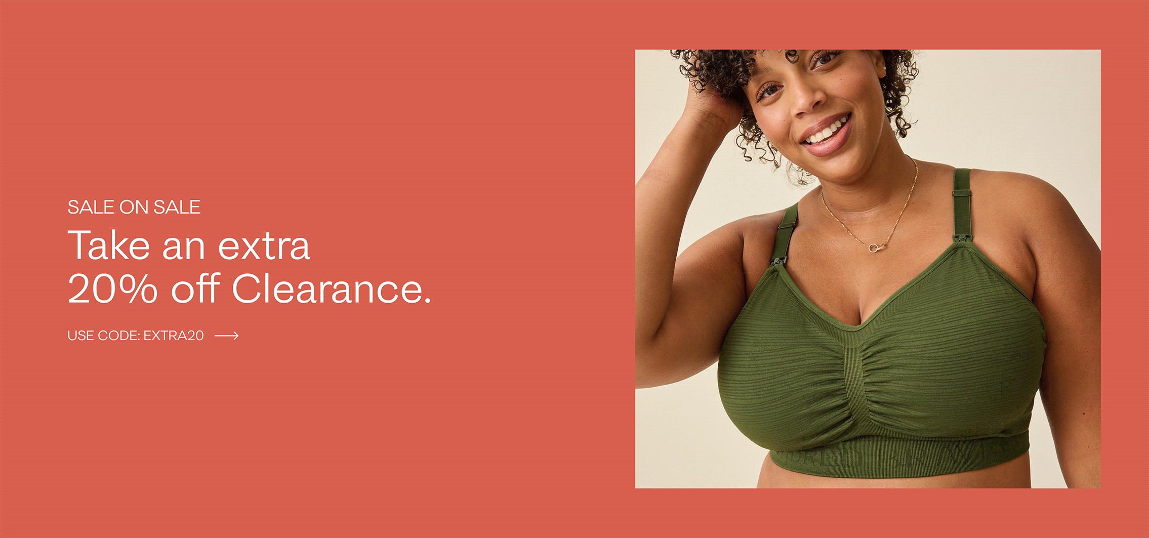 Promotional graphic with a coral-red background and large white text reading 'SALE ON SALE. TAKE AN EXTRA 20% OFF CLEARANCE' plus 'USE CODE: EXTRA20' in a white box at the bottom. Rotating gif of models wearing nursing bras.