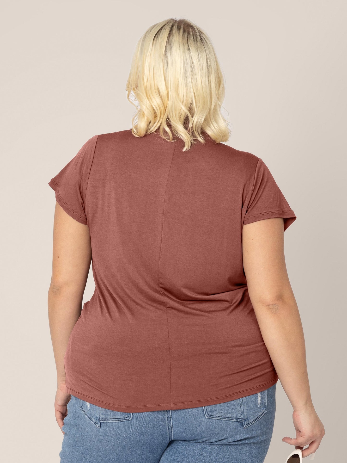 Back view of model wearing the Bamboo Draped Nursing Top in redwood