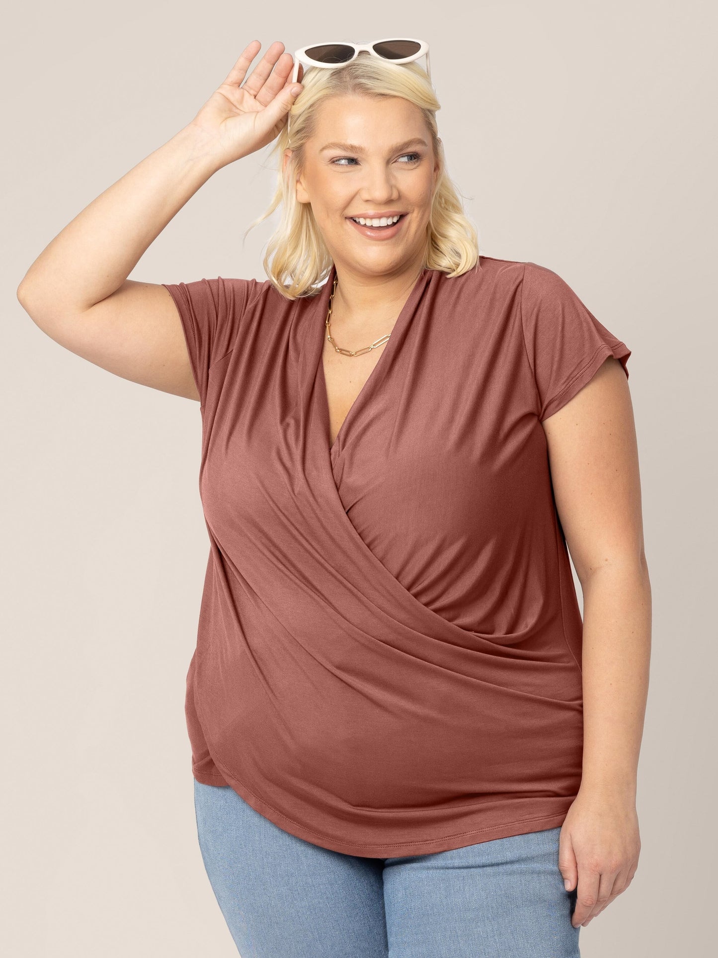 Front view of model wearing the Bamboo Draped Nursing Top in redwood @model_info:Lauren is wearing a 1X.
