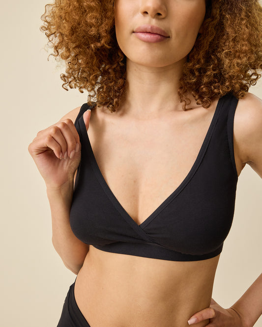 Model demonstrating nursing access on the Every Stage Crossover Bra in Black on a beige background @model_info: Devyn is wearing a Small.