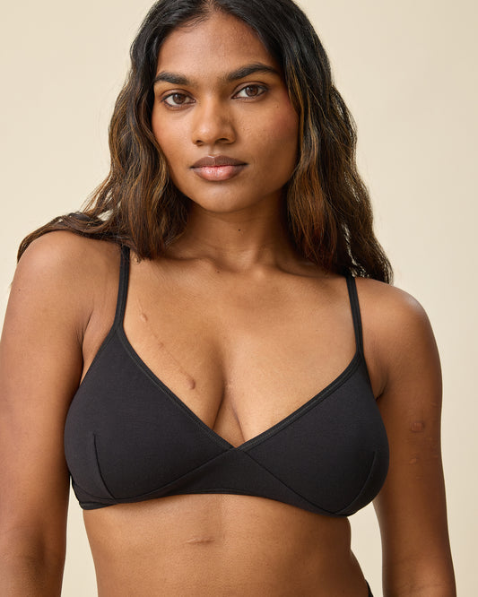 Model wearing Every Stage Triangle Bralette in Black on a beige background @model_info:Sahana is wearing a Small.