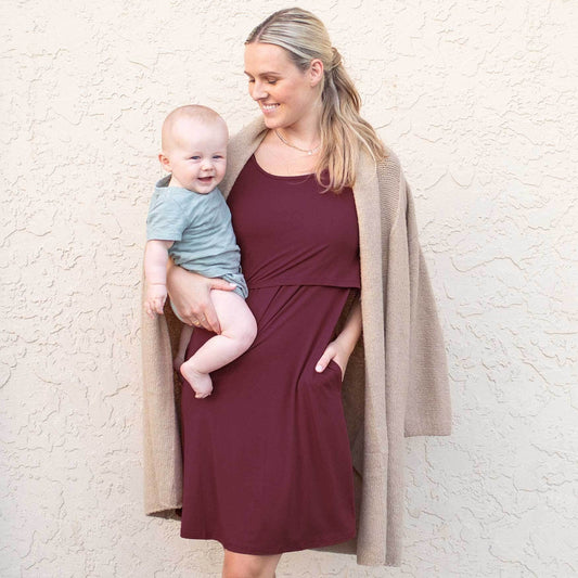 Eleanora Bamboo Maternity & Nursing Lounge Dress | Heathered Fig-Bottoms & Dresses-Kindred Bravely