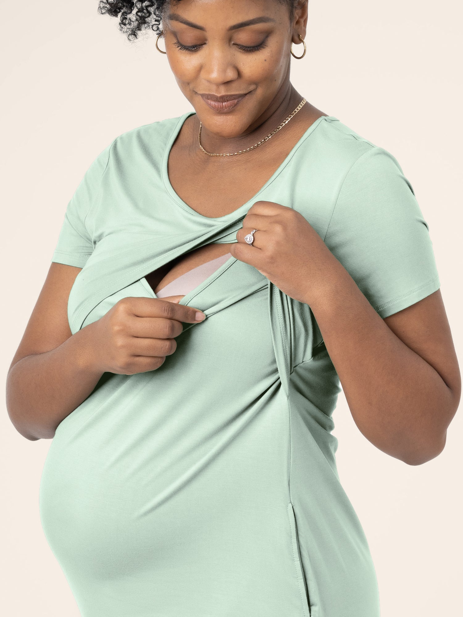 Close-up of nursing access on the Eleanora Bamboo Maternity & Nursing Dress in soft mint, on model