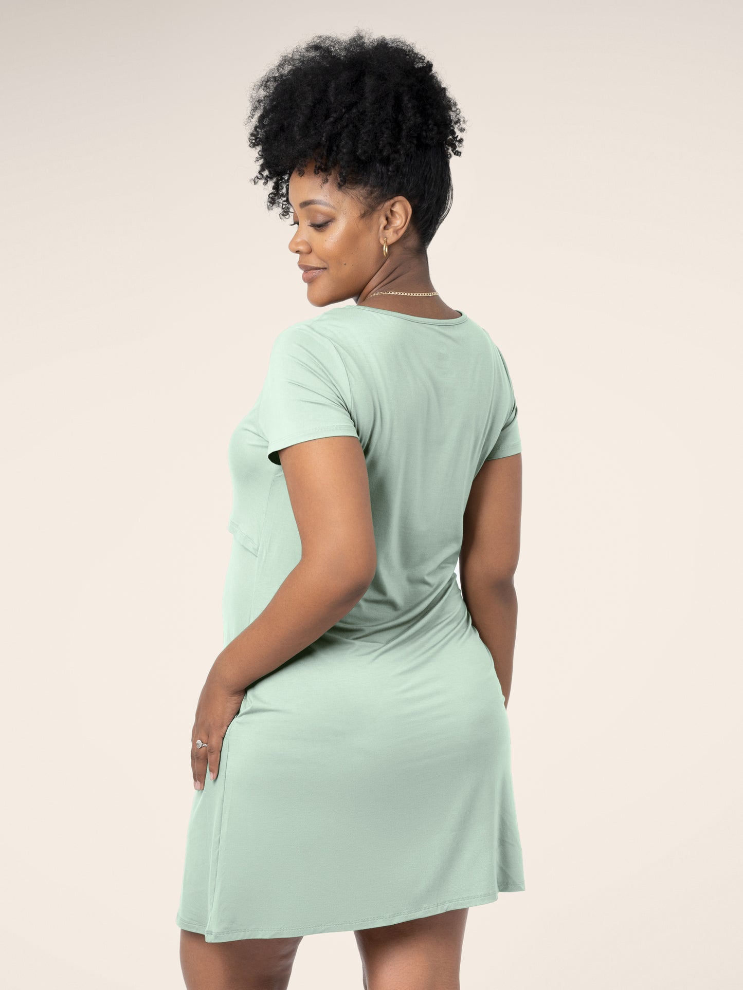 3/4 angle back view of model wearing the Eleanora Bamboo Maternity & Nursing Dress in soft mint