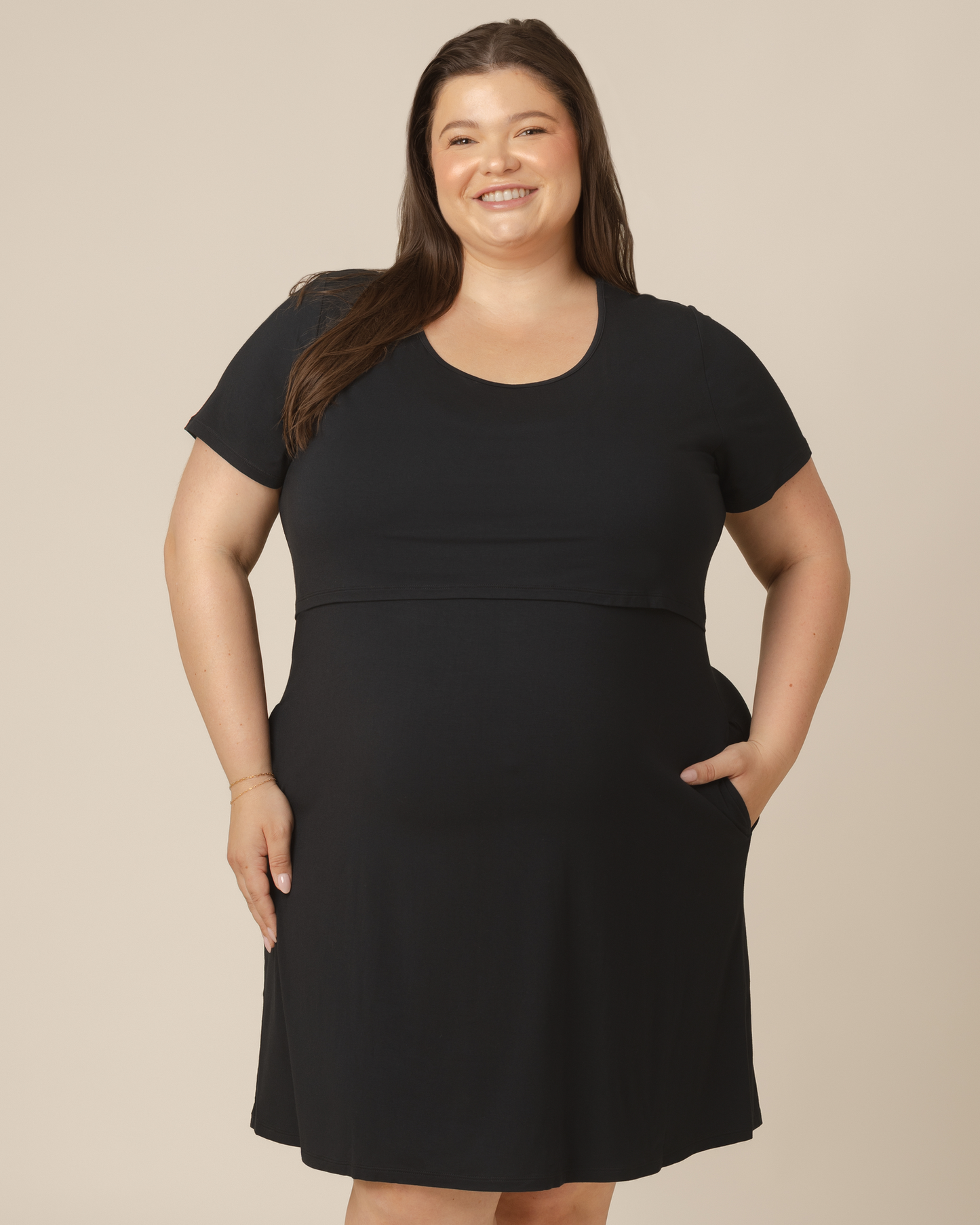 Front view of model wearing the Eleanora Bamboo Maternity & Nursing Dress in Black @model_info:Sam is wearing a 2X.