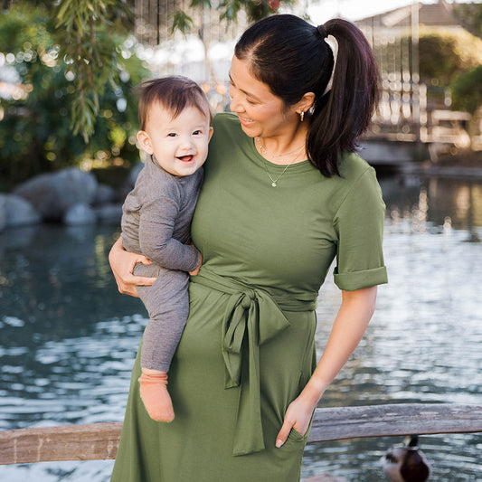 Elena Nursing & Maternity Tie Dress | Olive-Bottoms & Dresses-Kindred Bravely