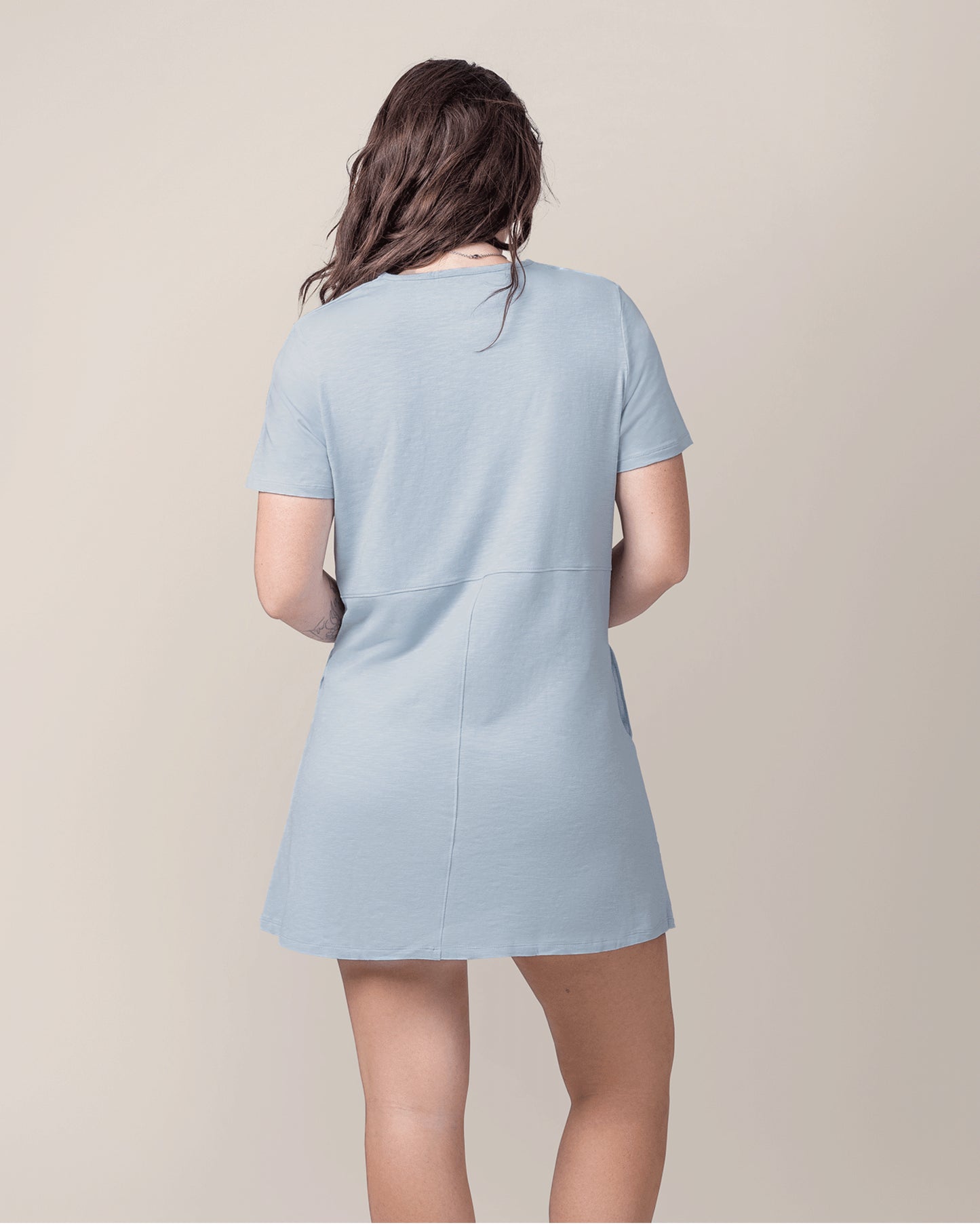 Back view of model wearing the Emmie Nursing T-shirt Dress in French Blue 