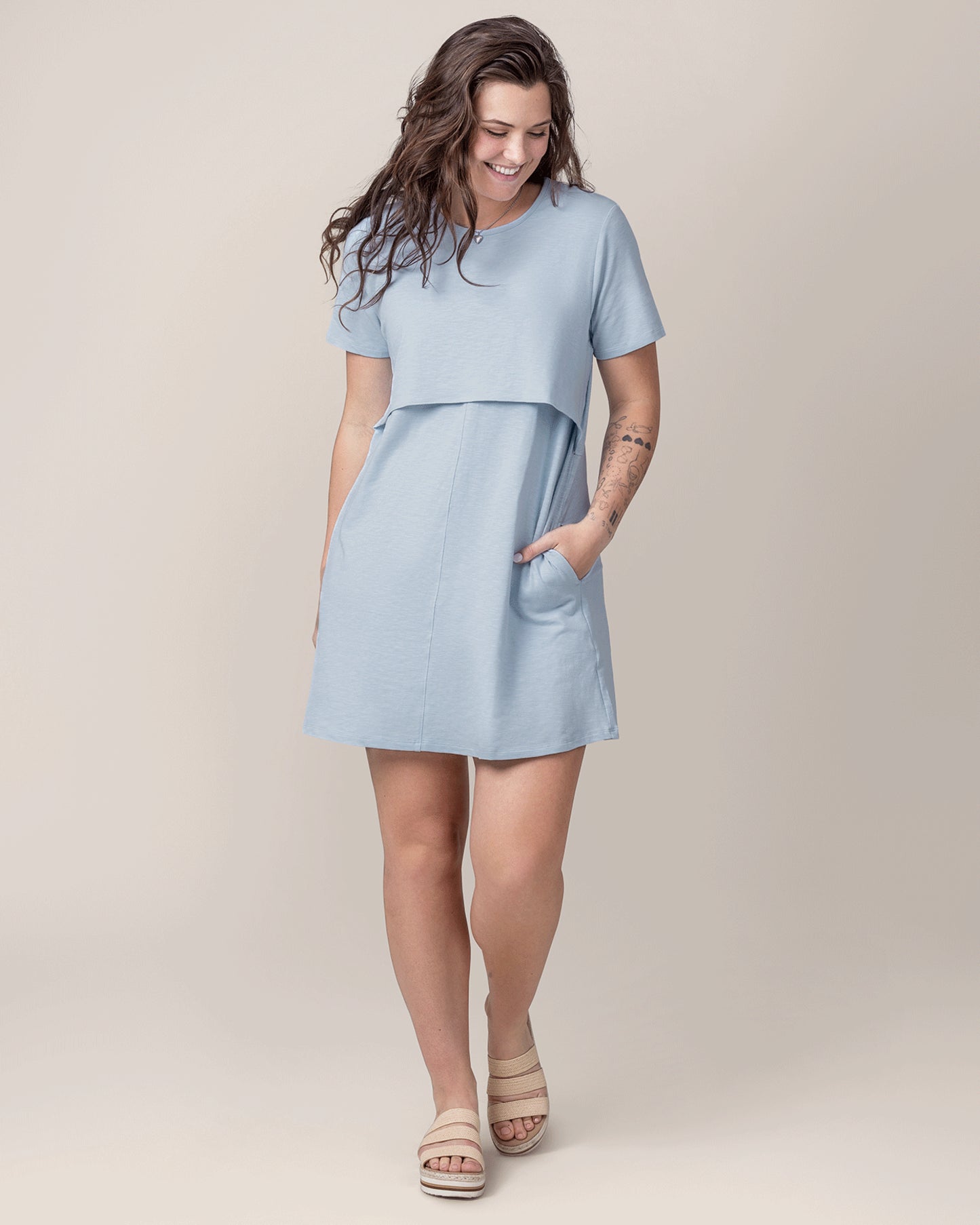 Front view of model wearing the Emmie Nursing T-shirt Dress in French Blue @model_info:Gibson is 5'9" and wearing a Medium.