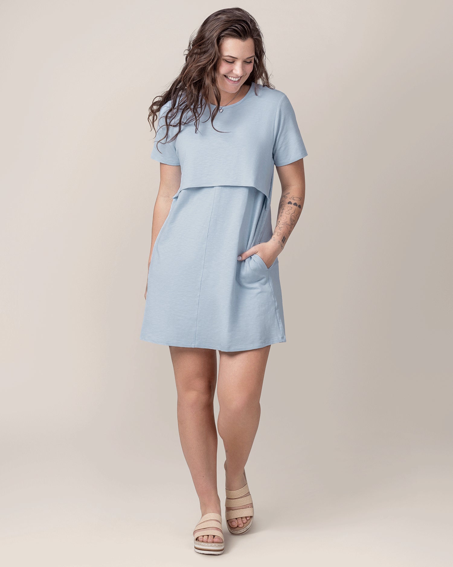 Front view of model wearing the Emmie Nursing T-shirt Dress in French Blue @model_info:Gibson is 5'9" and wearing a Medium.