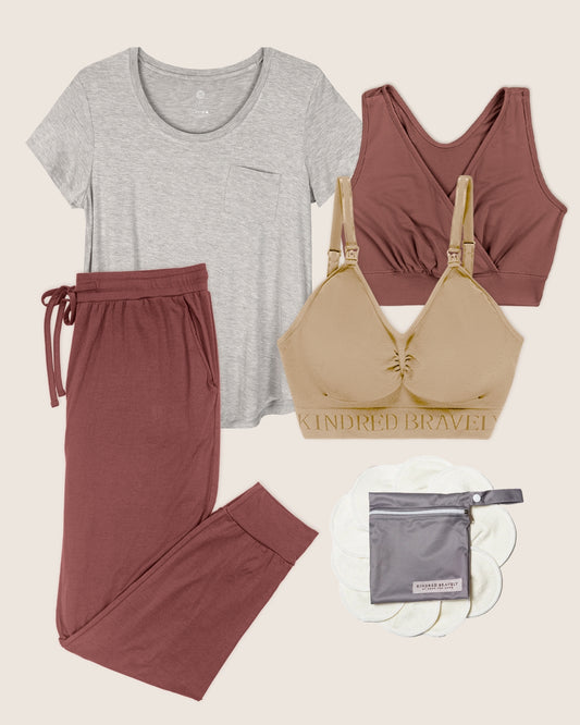 Flat lay image of the Simply Sublime Tank, Everyday Joggers, Everyday Maternity & Nursing T-shirt, French Terry Bra and Organic Bamboo Nursing Pads.