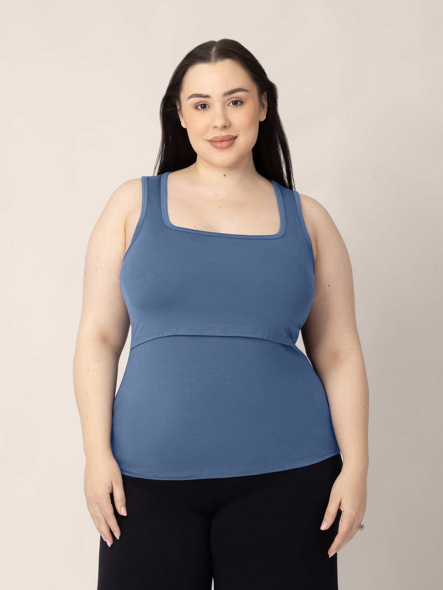 Front view of a model wearing the Everyday Essential Nursing Tank in Slate Blue @model_info:Rachel is wearing a Large.